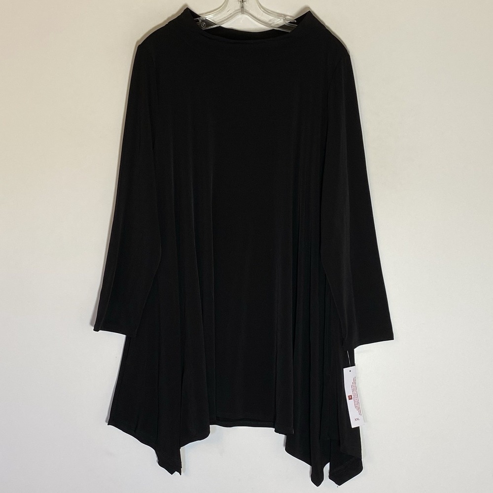IC by Connie K Top Womens 2X Black Tunic Dressy SharkBite Hem 3/4 Sleeve Pockets